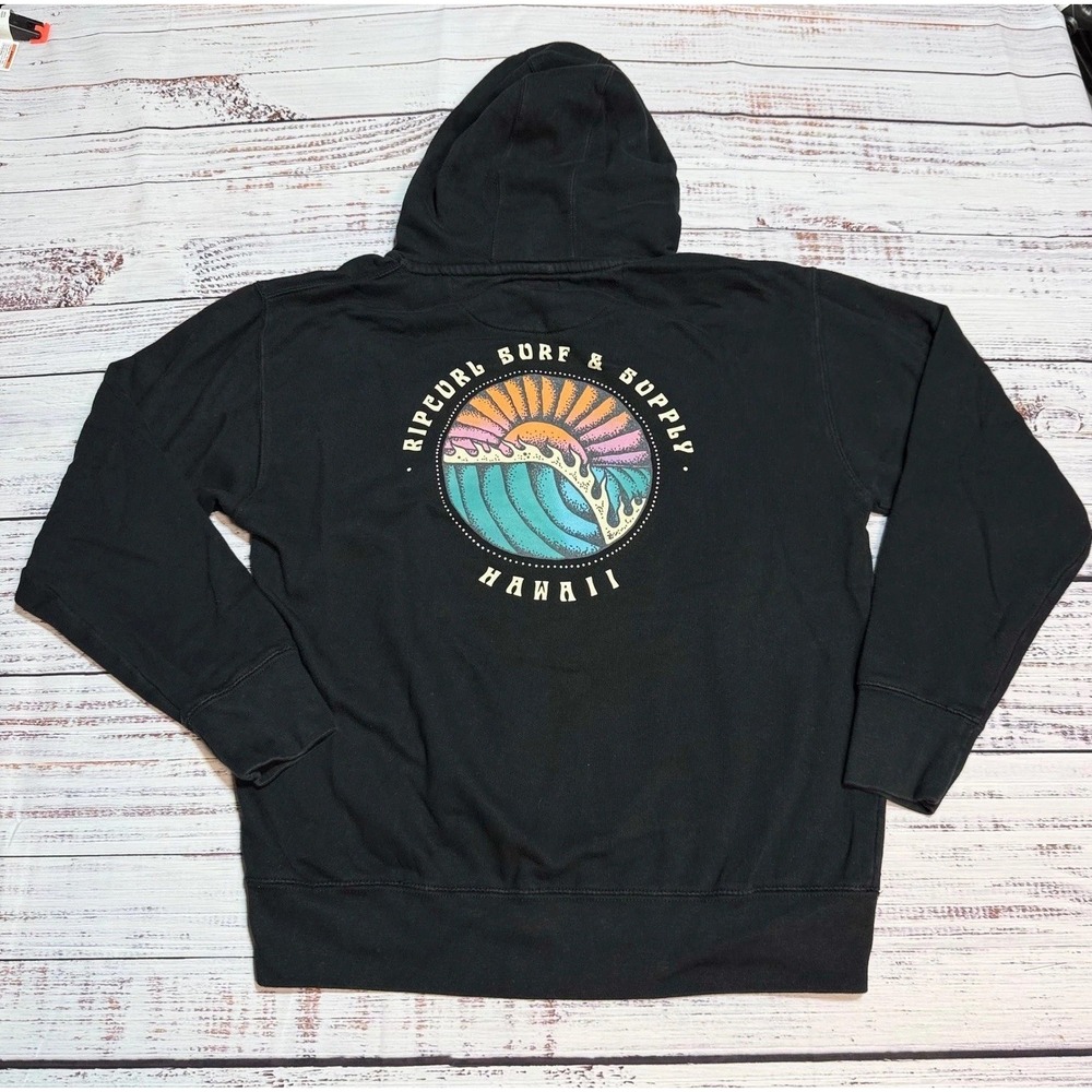 Rip Curl Surf & Supply Hawaii Hoodie Size M Pullover Black Cotton Graphic Sweat